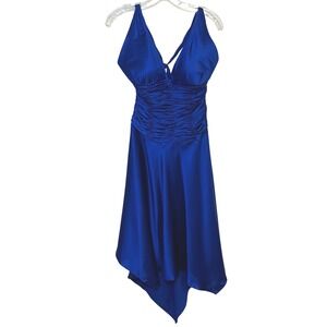 VTG Y2K Cache Silk Dress Cobalt Blue Halter Hankerchief Hem Size 8 NWT